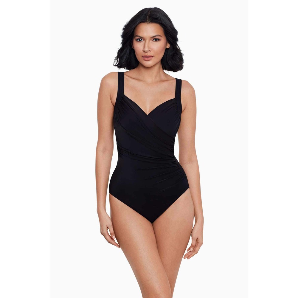 Miraclesuit Sanibel Black One Piece Swimsuit 14DD Surplice Ruched Tummy Control